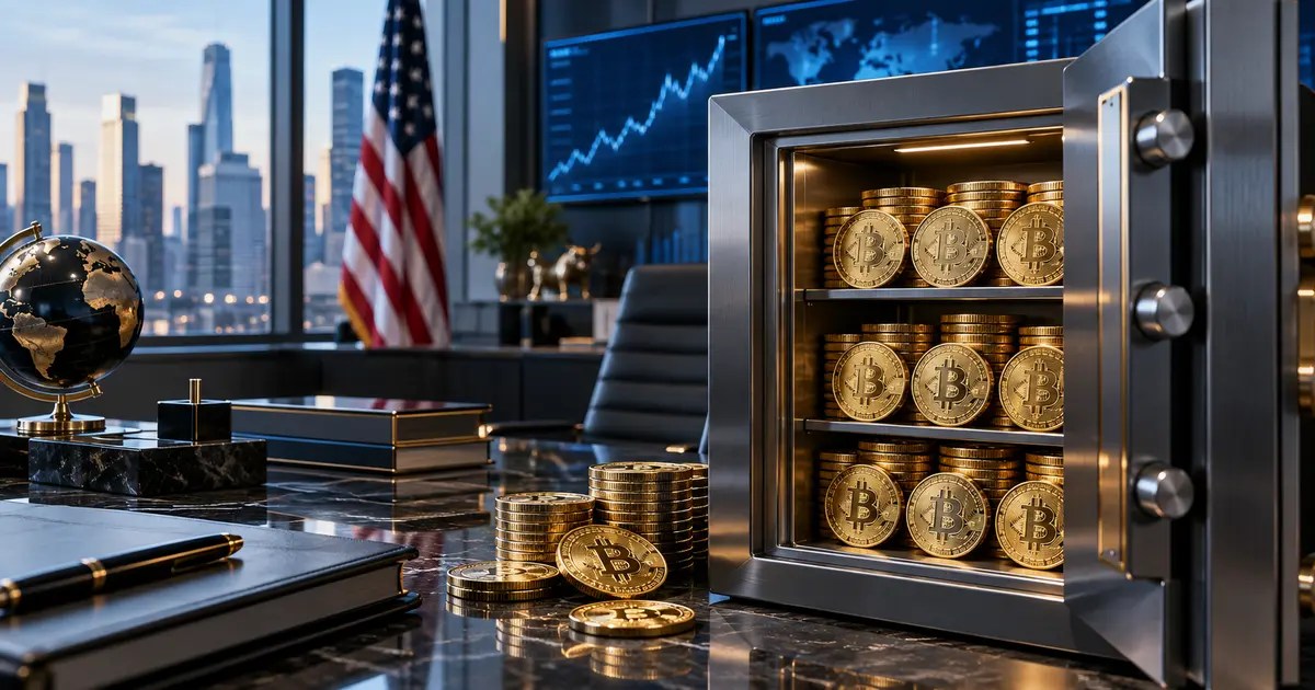 Coffre institutionnel contenant des pièces Bitcoin dans un bureau financier américain