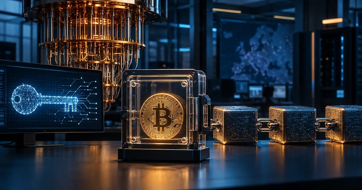 Un ordinateur quantique analyse une clé publique devant un bitcoin protégé et une blockchain intacte