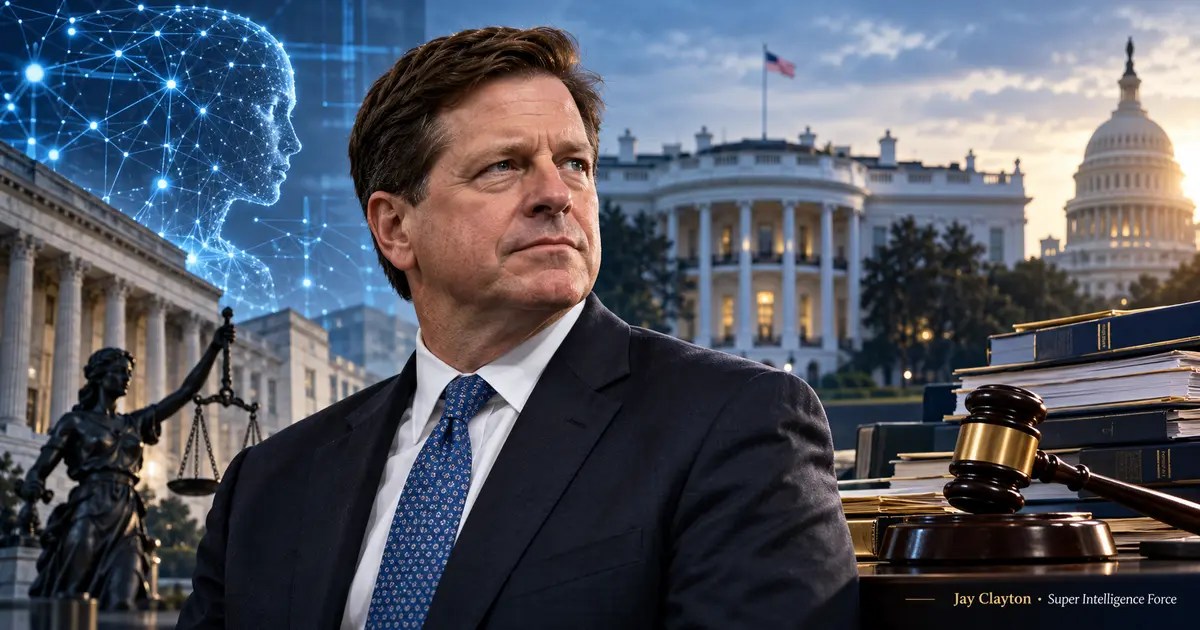 Jay Clayton devant la Maison-Blanche, entouré de symboles d’intelligence artificielle et de régulation