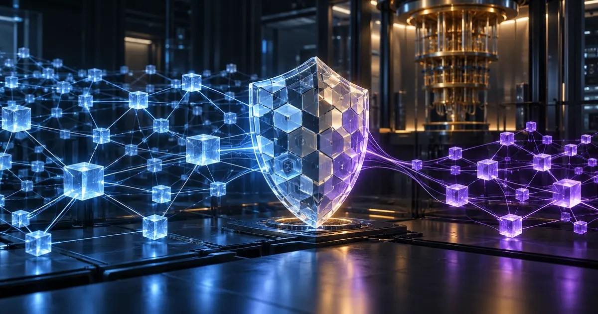 Réseaux blockchain séparés par un bouclier cryptographique illustrant le projet post-quantique de Starknet