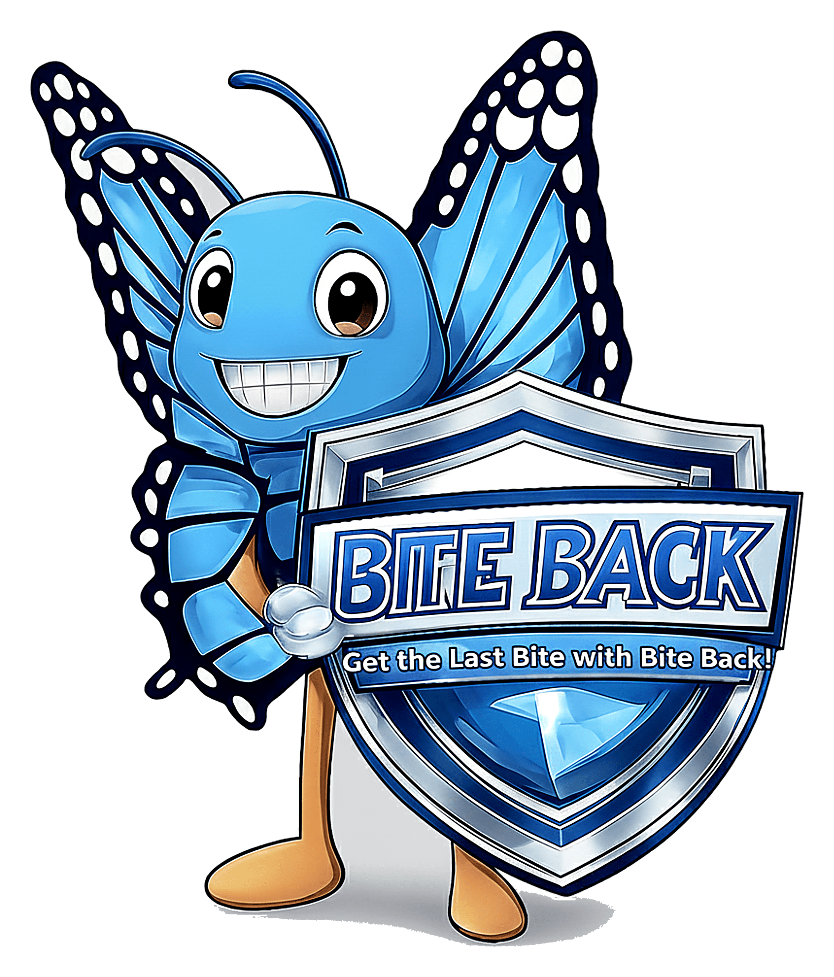 Buddy The Bite Back Butterfly Mascot Holding A Shield
