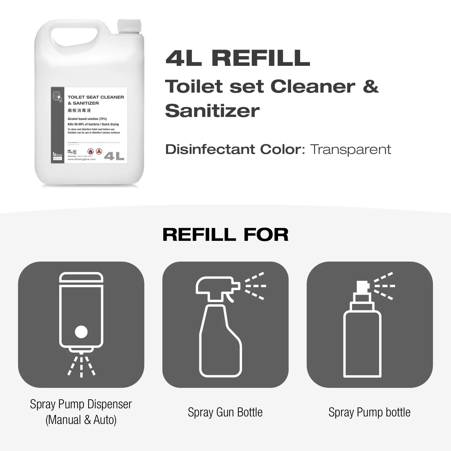 Bottle 4L Toilet Seat Sanitizer Bitos eco+, clean the toilet seat before use to avoid. Spray pump required.