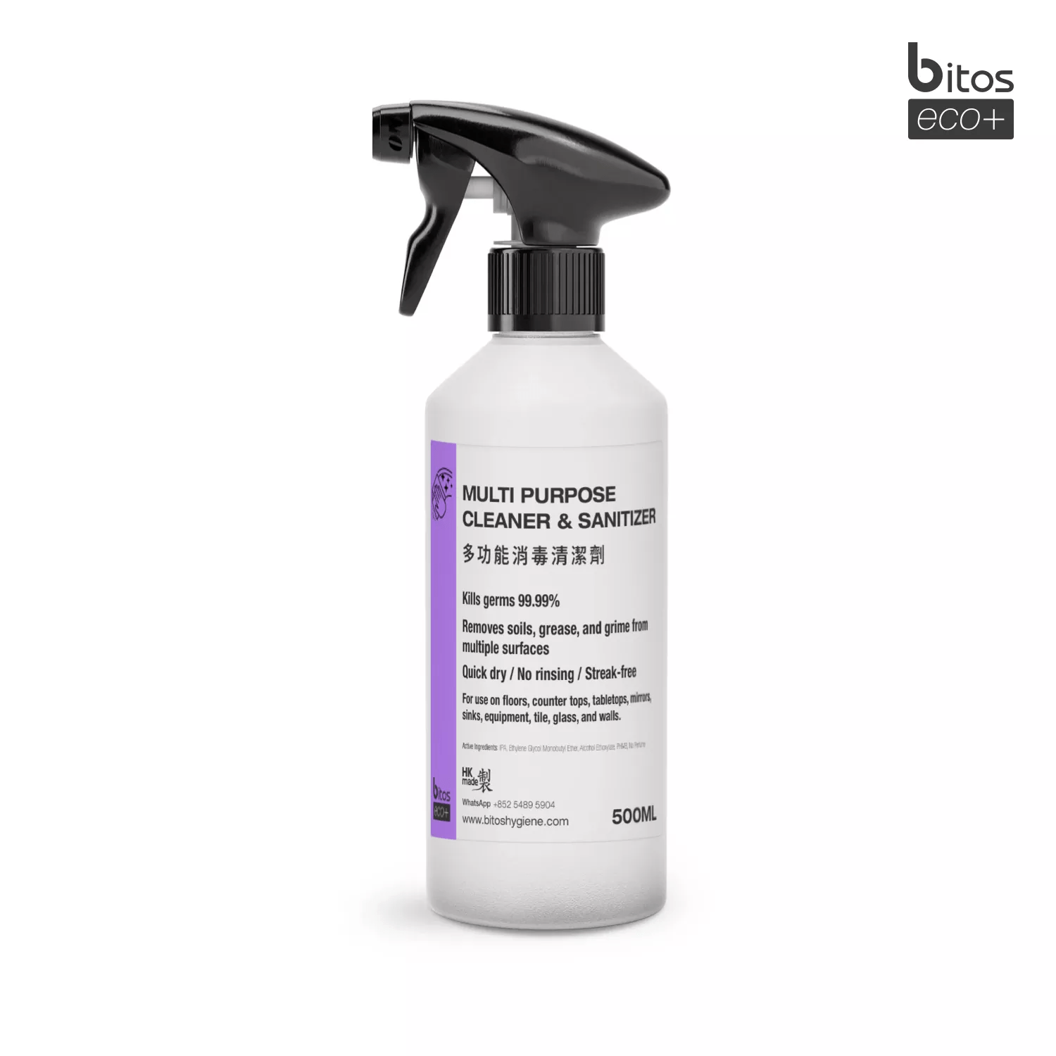 Multi Purpose Cleaner & Sanitizer 0.5L Bitos eco+. Cleans and Sanitizes all surfaces.