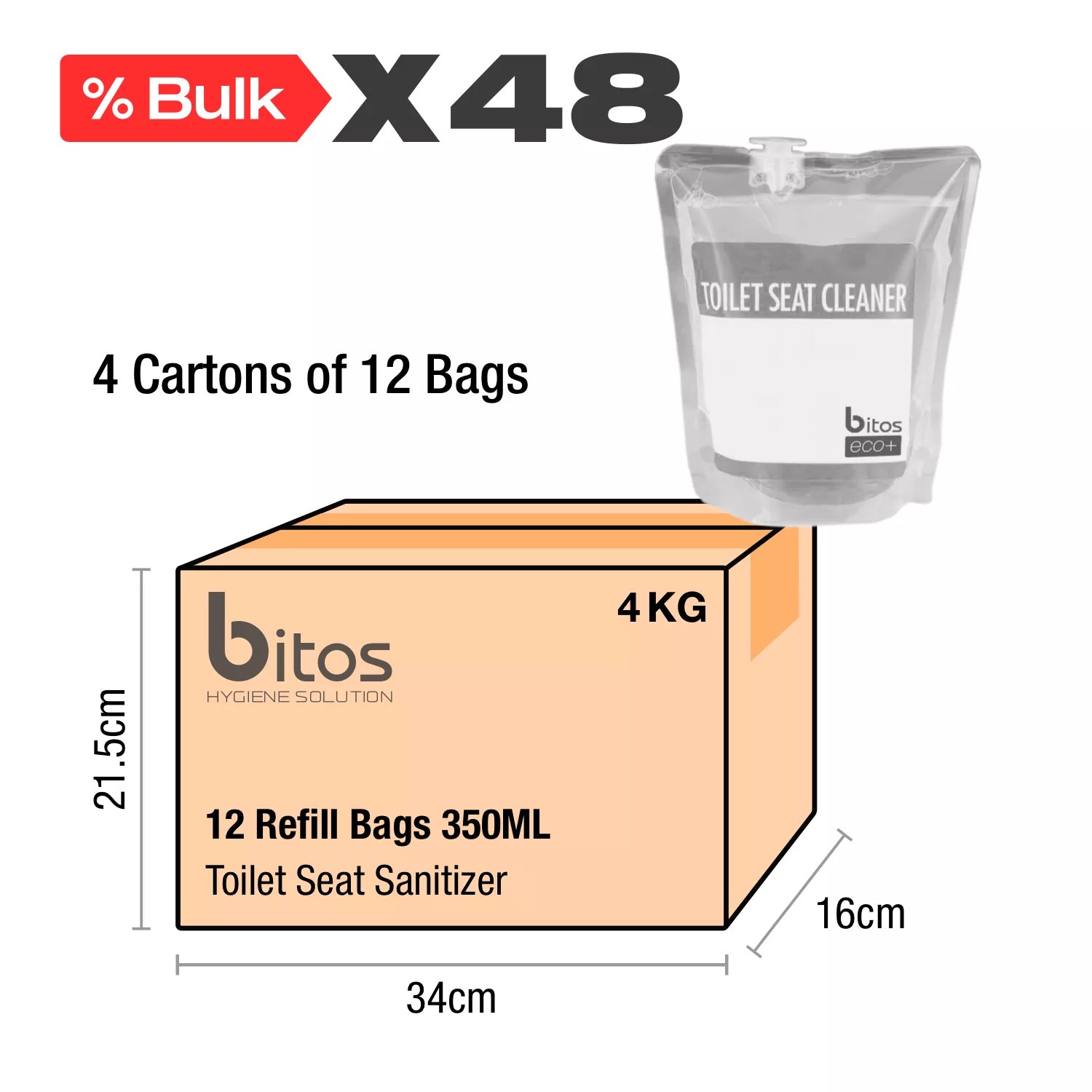 BULK x48 Cartons of Toilet Seat Sanitizer Bitos eco+ refill bag 350ML. Designed for dispenser Bitos eco+ B01TS01.