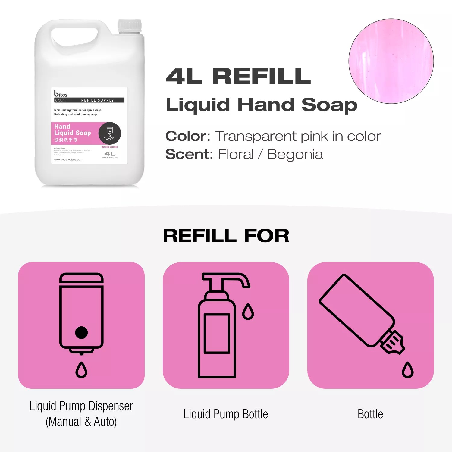 Liquid Hand Soap 4L refill Bitos eco+. For dispensers equipped with a liquid pump.