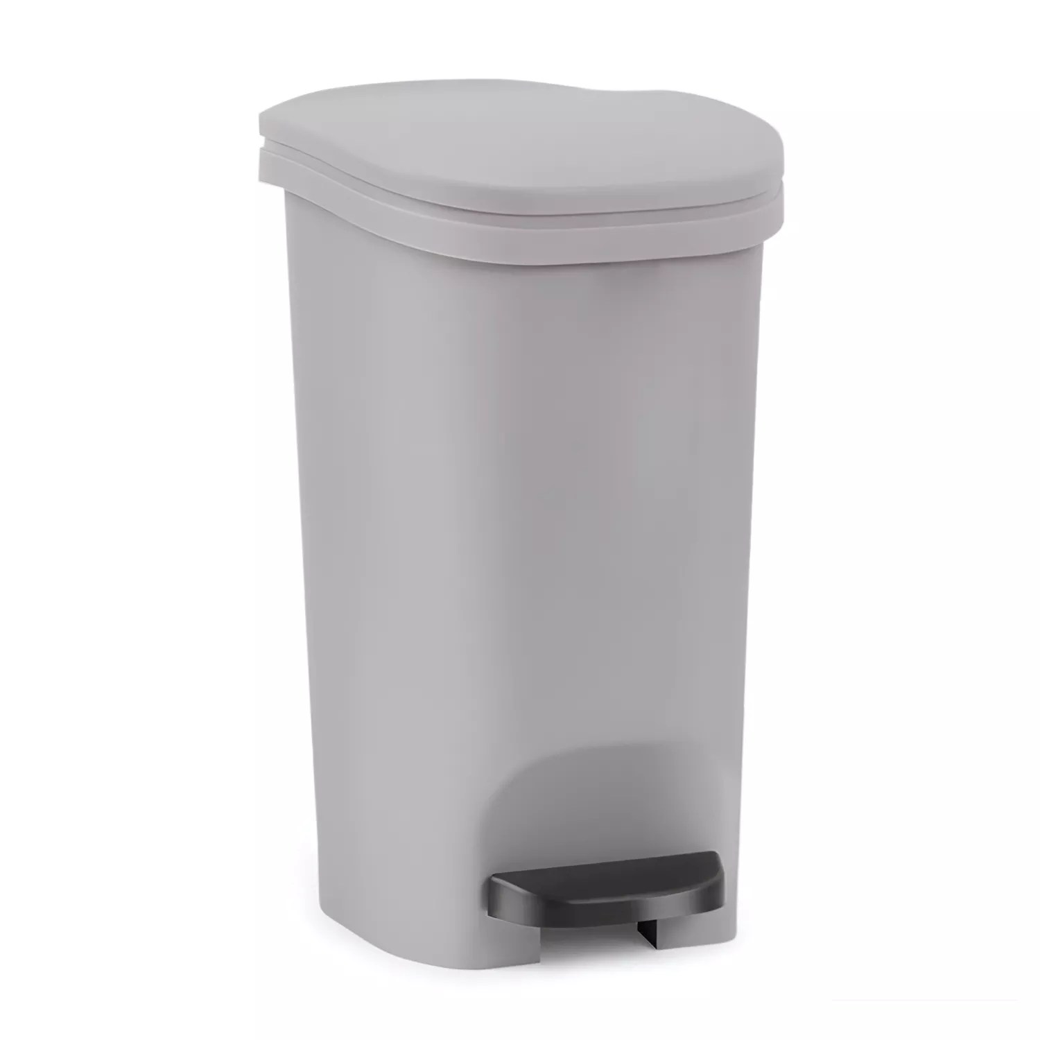 Compact, grey 10-liter step-on trash bin, designed to fit snugly into tight spaces.