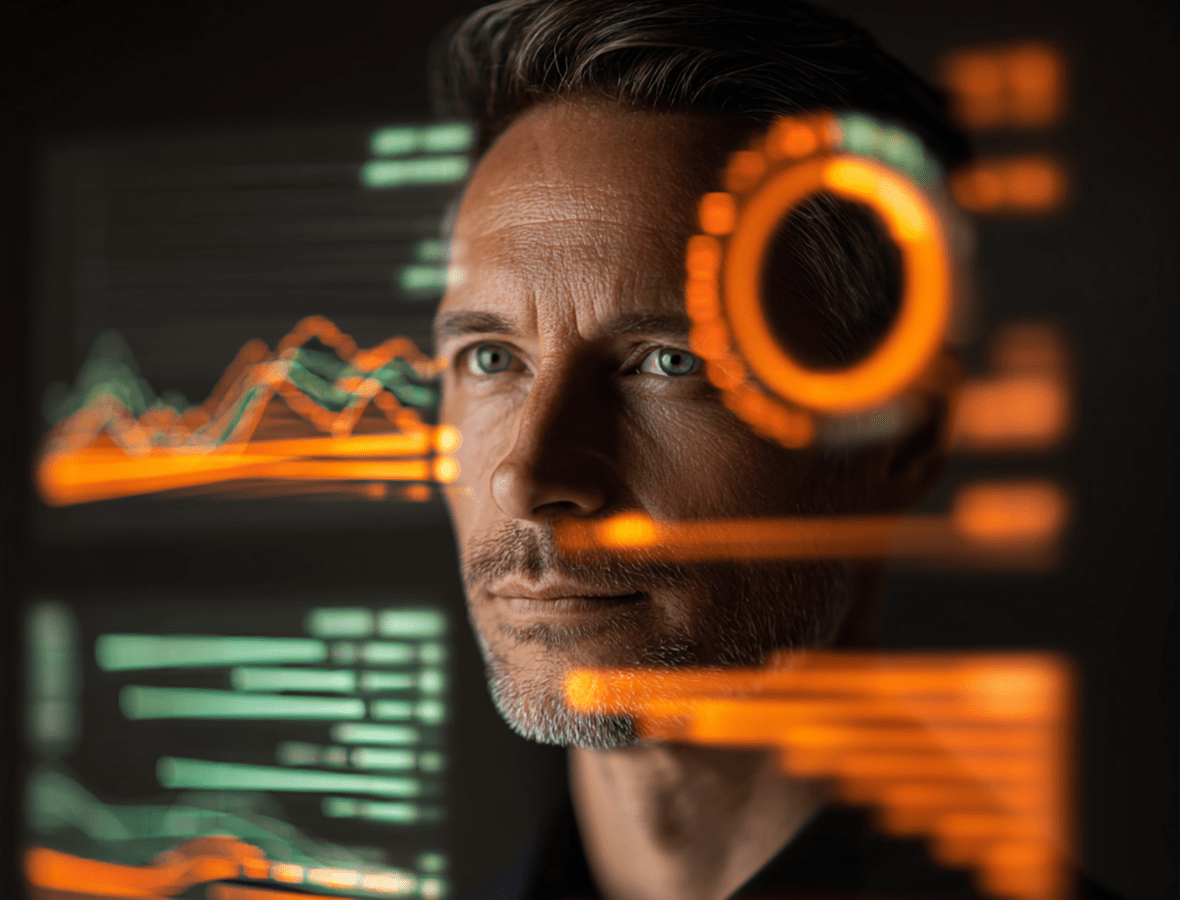 Focused engineer analyzing holographic code and performance dashboards, representing Bitstream Labs’ codebase optimization and scalability solutions.
