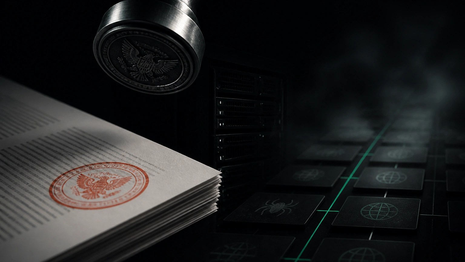 Dark editorial still life: a metal customs stamp over papers and a server rack beside a mint grid of crawl cards. No people.