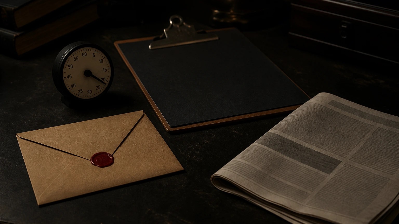Dark still-life of a sealed envelope, a stopped timer, a face-down clipboard, and a folded broadsheet. No people, no logos.