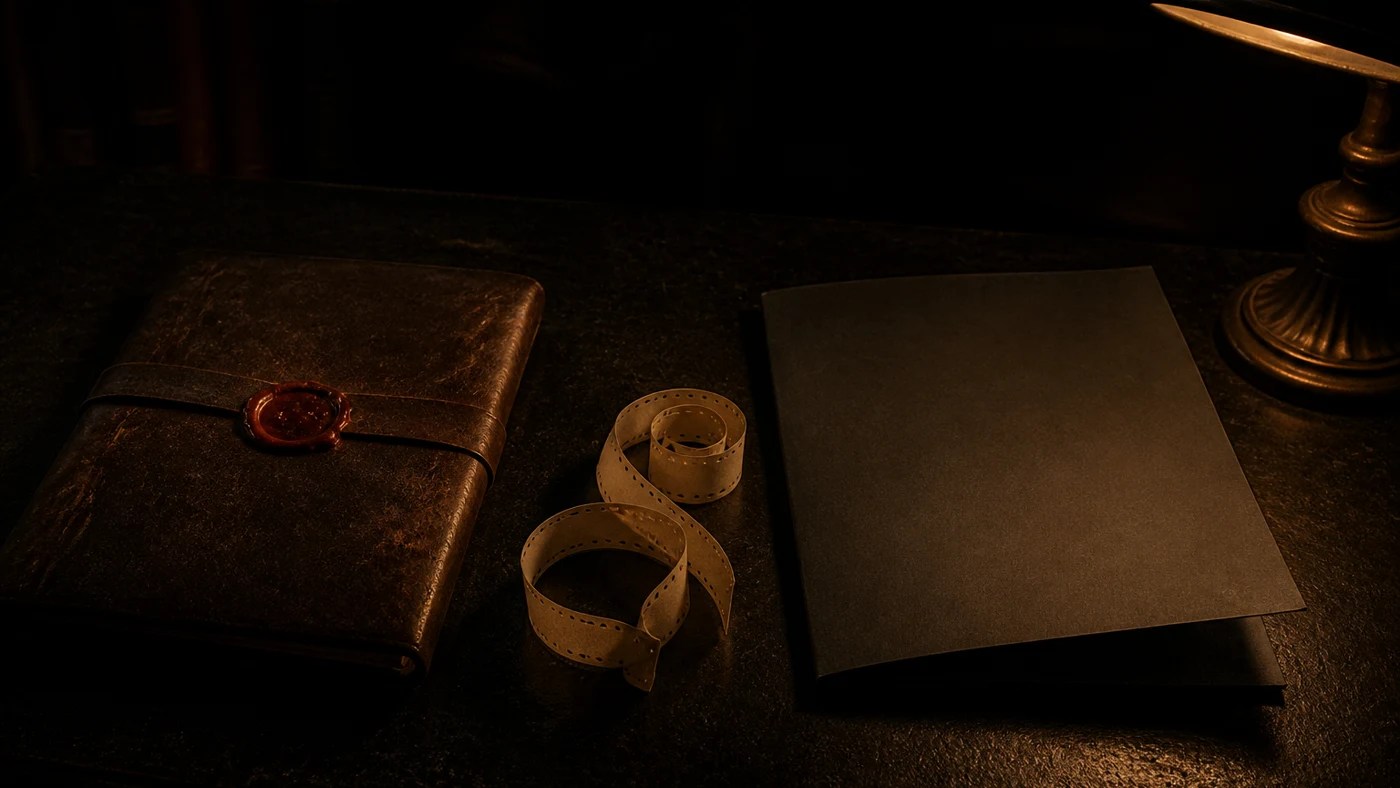 Low-key dark still-life of a wax-sealed leather folio, a curl of ticker tape, and a blank unmarked folder. No people, no logos.