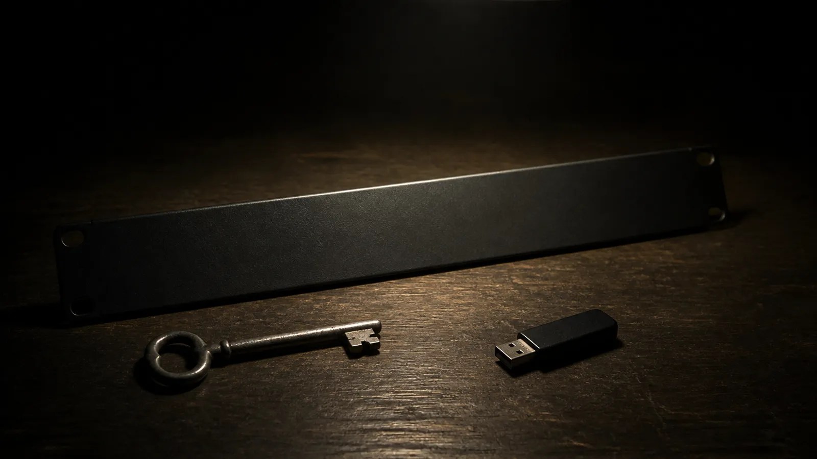 Low-key dark still-life of a metal key, a blank server blanking plate, and an unlabeled USB stick. No people, no logos, no envelopes.