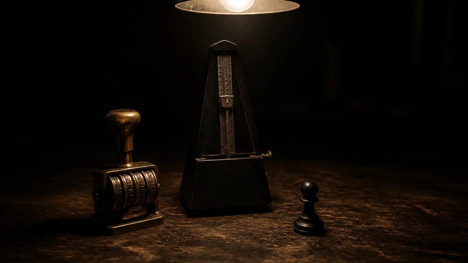 Low-key dark still-life of a metronome, a brass date stamp, and a black pawn on dark wood. No people, no logos, no envelopes.