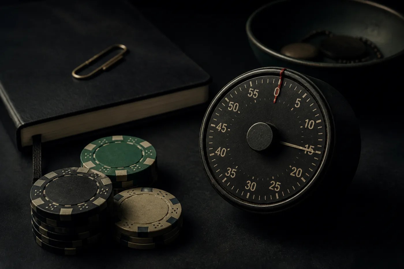 Low-key dark still-life of a kitchen timer, stacked poker chips, and a closed notebook with a paperclip. No people, no logos.