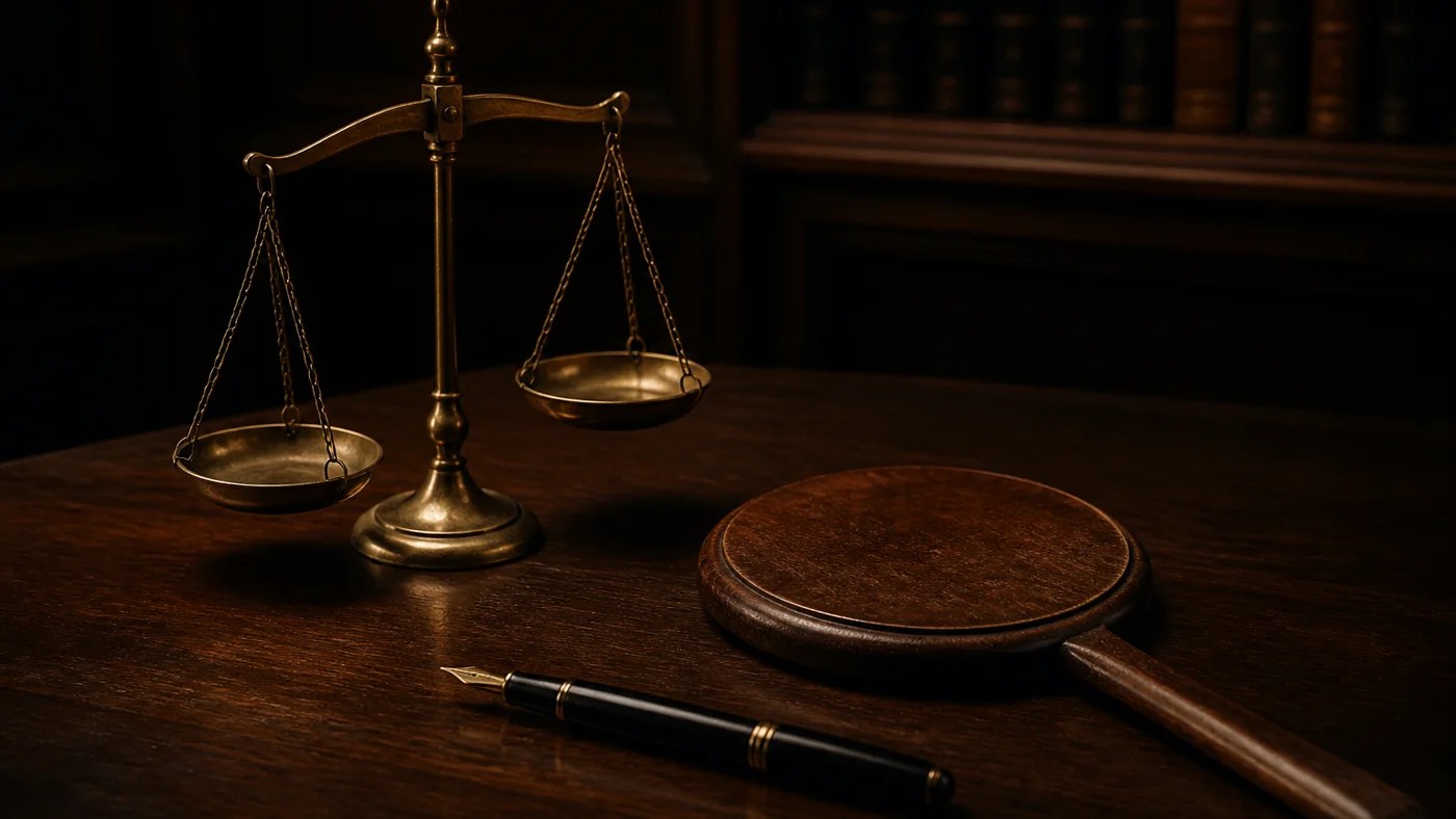 Low-key dark still-life of a brass balance scale, a wooden auction paddle, and a fountain pen on a dark wood desk. No people, no logos.