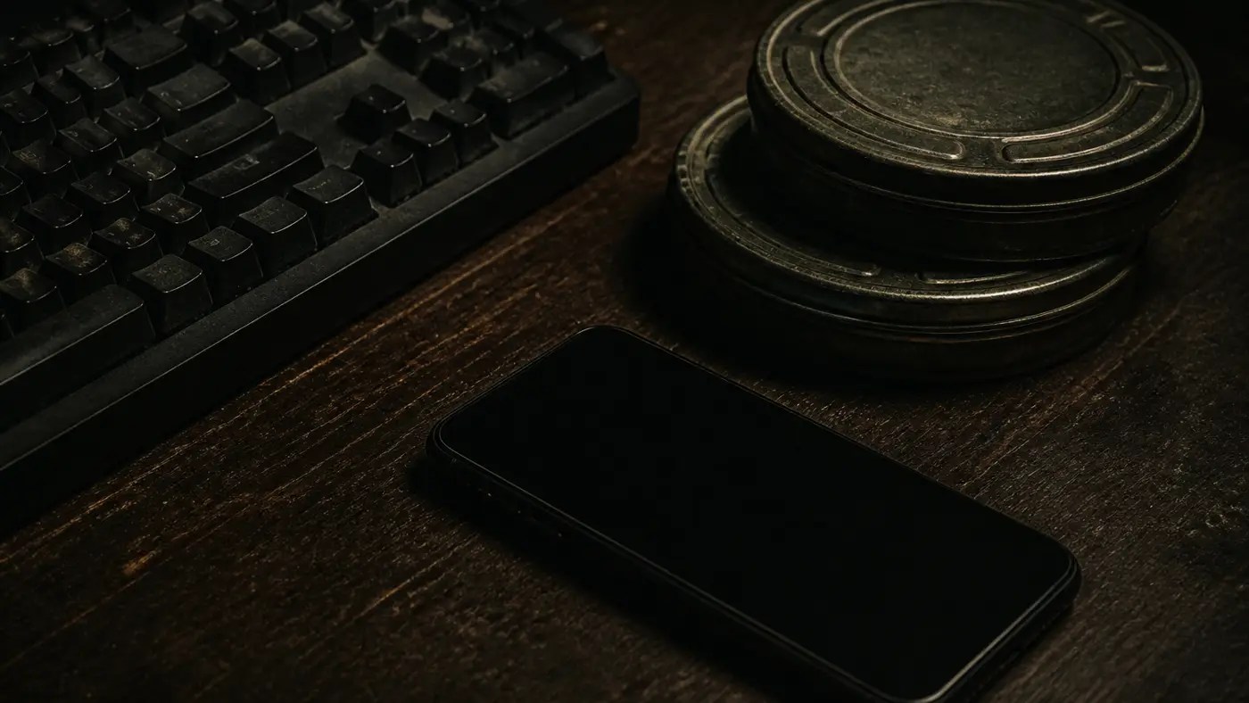 Low-key dark still-life of a mechanical keyboard, a face-down phone, and two metal film cans on a dark wood desk. No people, no logos.