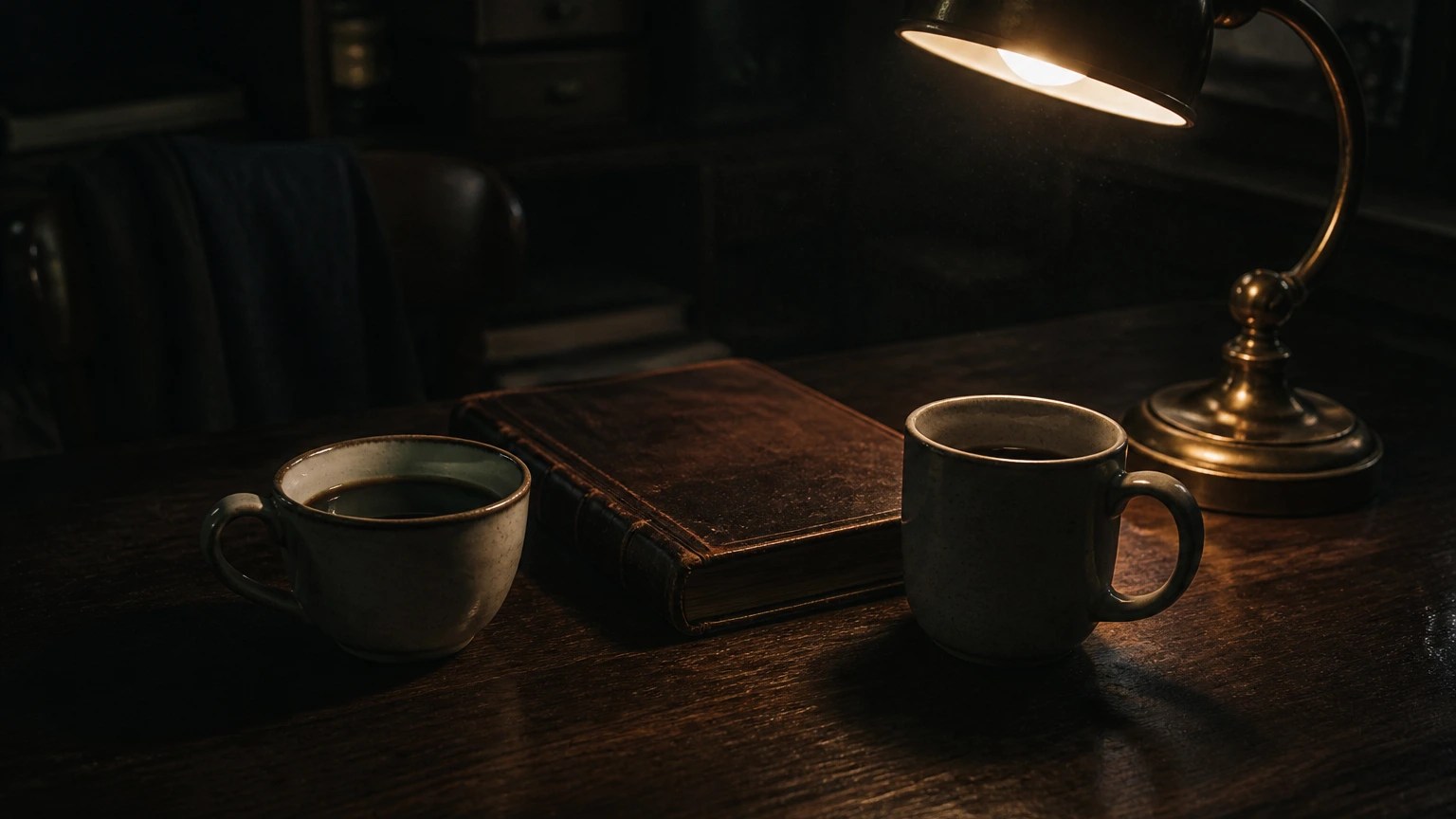 Low-key dark still-life of two ceramic coffee cups and a shared leather ledger under a brass desk lamp. No people, no logos.
