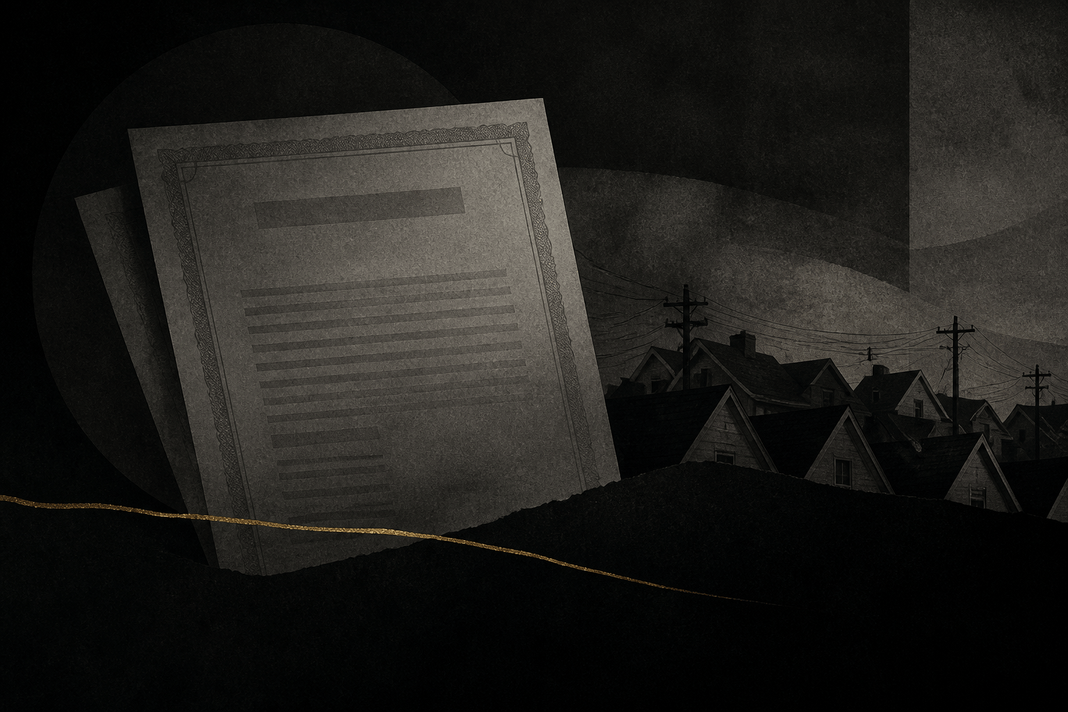 Dark editorial illustration of a prospectus document beside a row of houses.