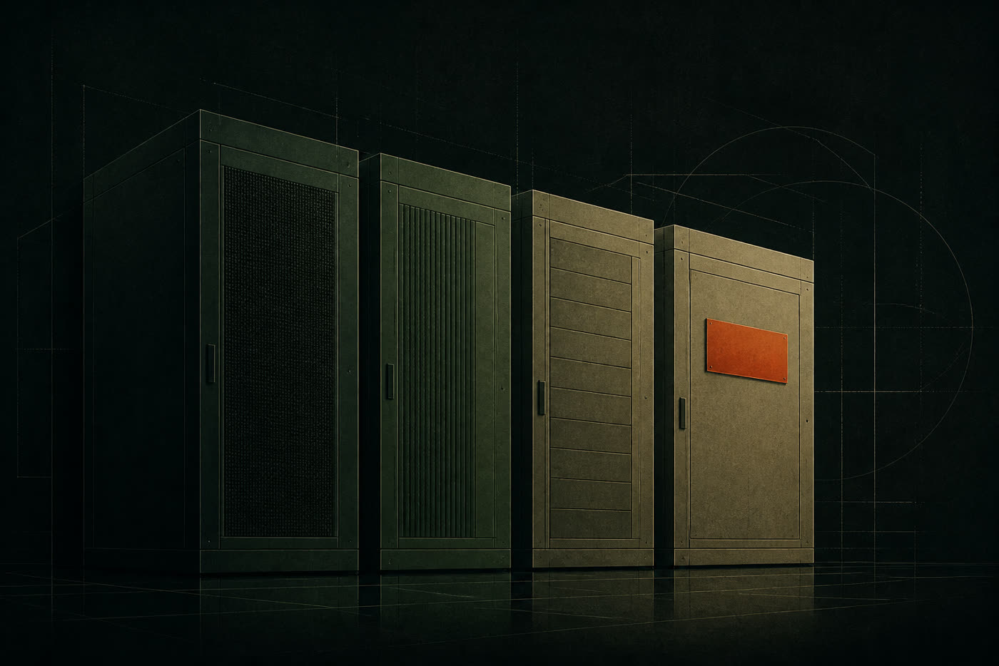 Dark editorial illustration of four industrial cabinets in a row; the last has an unlabeled red plate. No people, no logos, not an envelope.