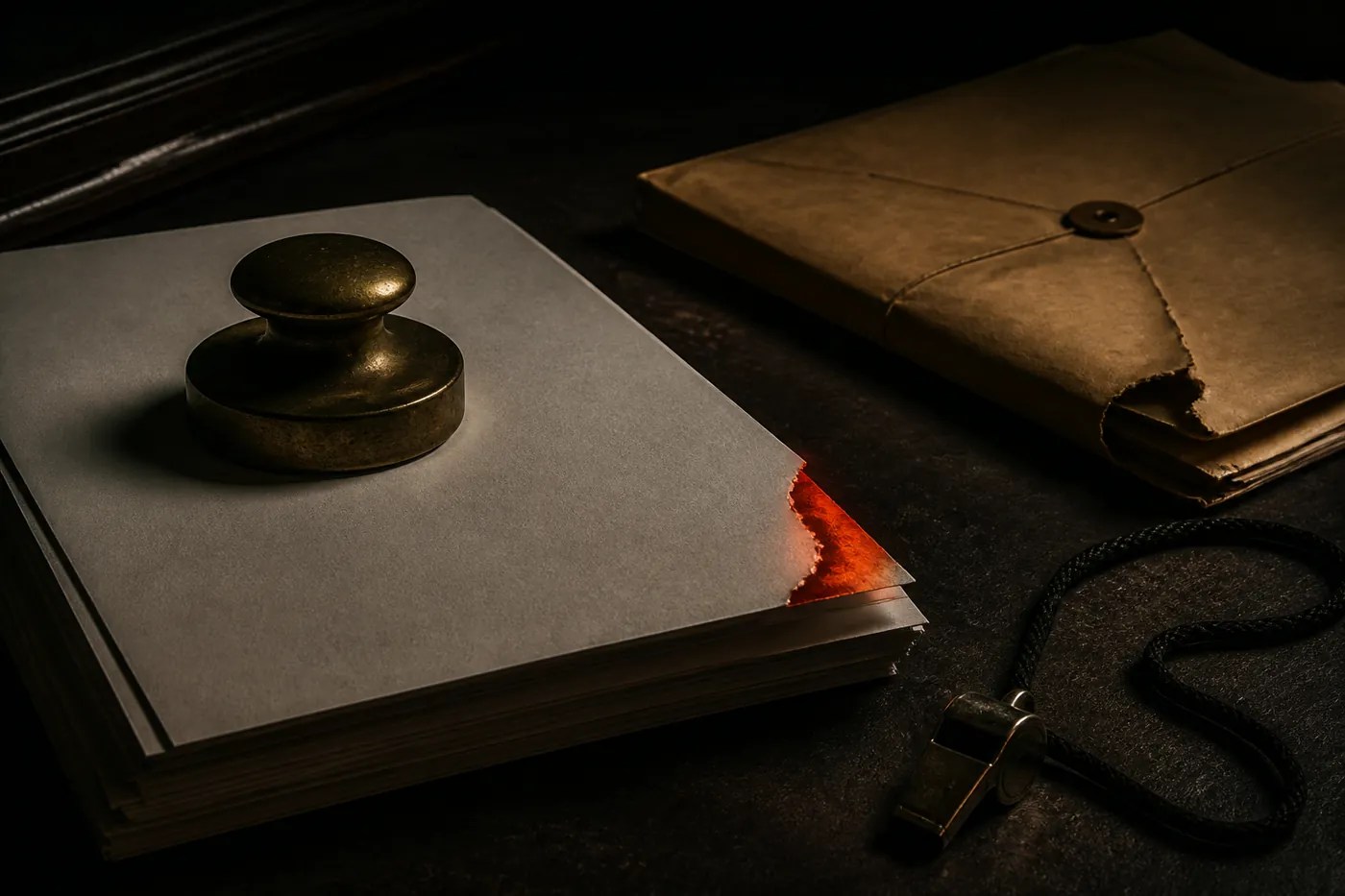 Low-key dark still-life of blank proof pages, a small metal whistle, and a sealed folder with a torn corner. No people, no logos.