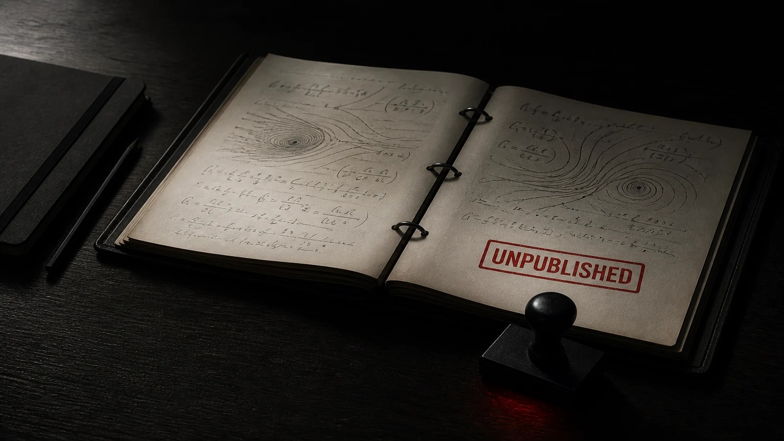 Dark editorial still-life on a wooden desk: open binder of handwritten fluid-flow sketches and abstract equations, marked with a bright red UNPUBLISHED stamp; black stamp tool and closed notebook beside it. No logos or faces.
