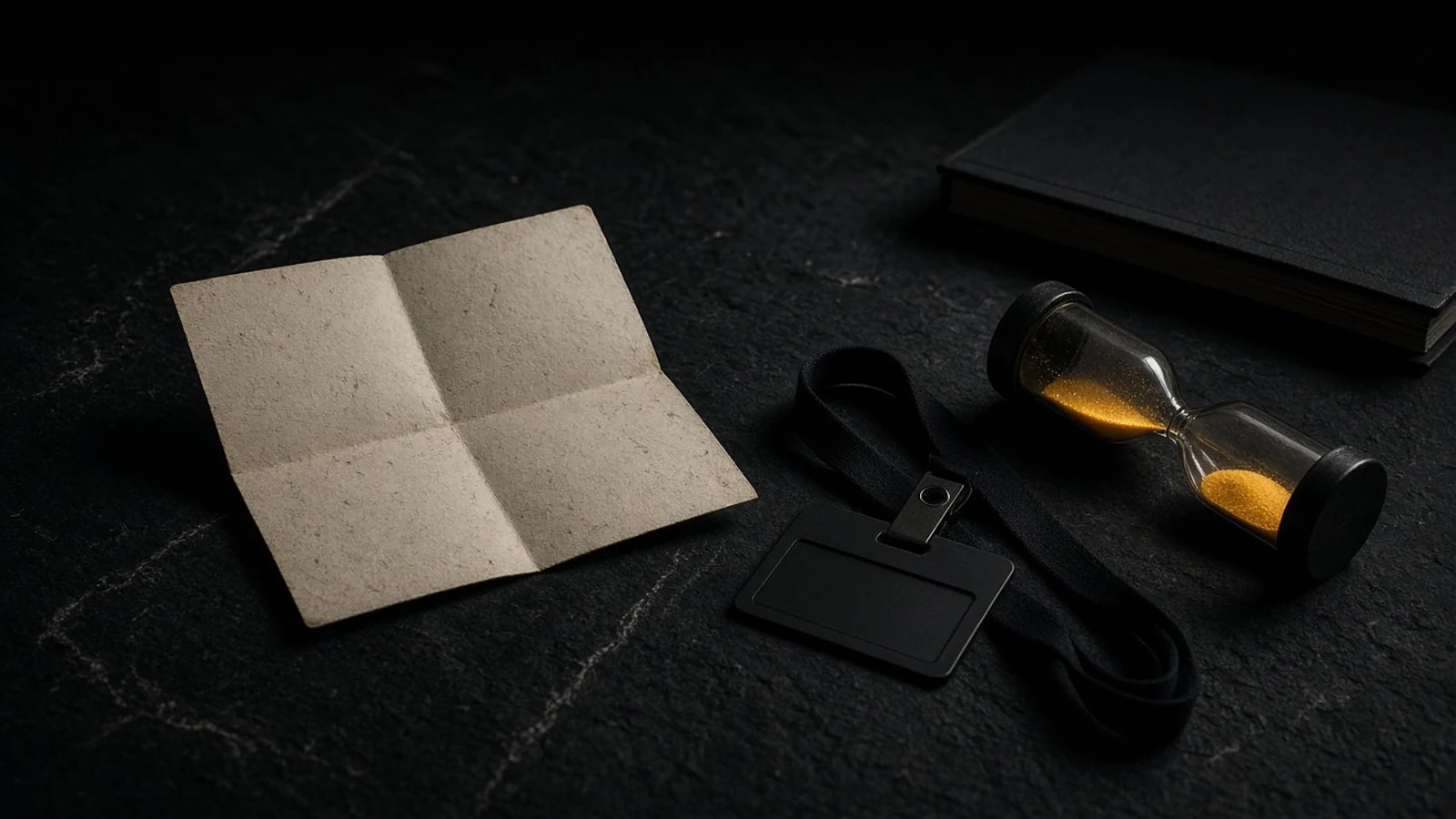Dark editorial still-life on slate: creased blank cream letter, blank black ID badge on a lanyard, and a small hourglass with bright amber sand on its side. No logos or faces.