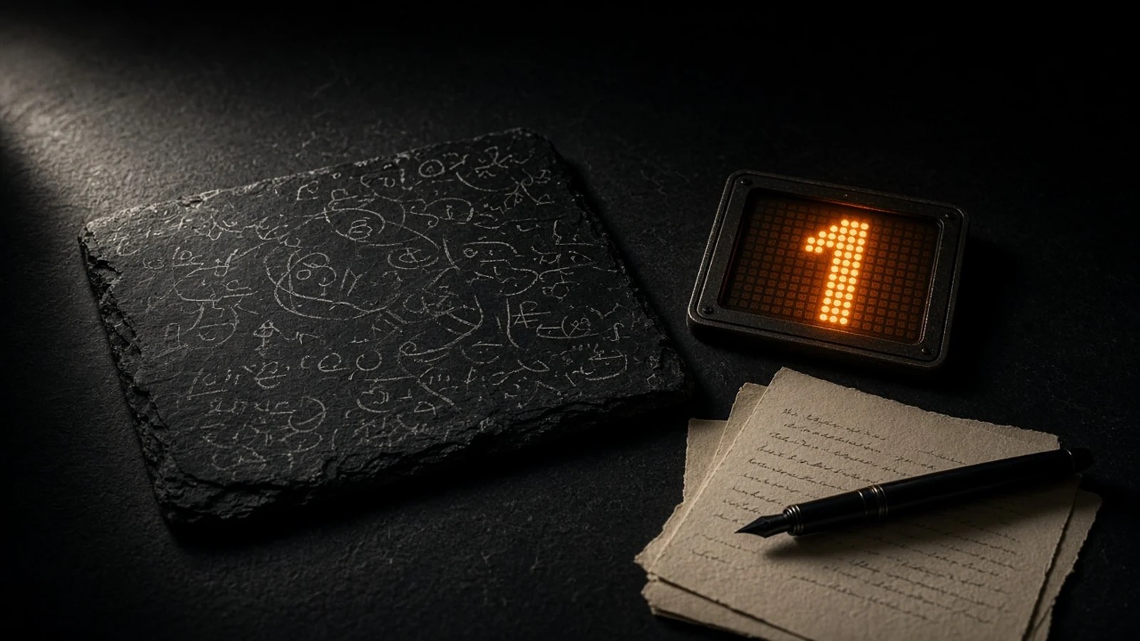 Dark still-life: slate covered in faint handwritten math, a small amber LED rank plate showing 1, and a fountain pen on cream writeup pages. No logos or faces.
