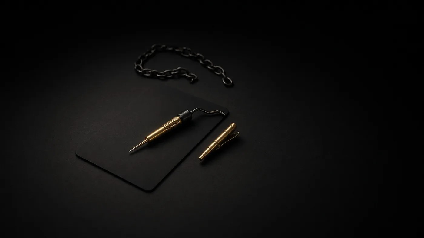 Low-key still-life. A blank access badge under a brass probe beside a severed metal token chain. No logos.