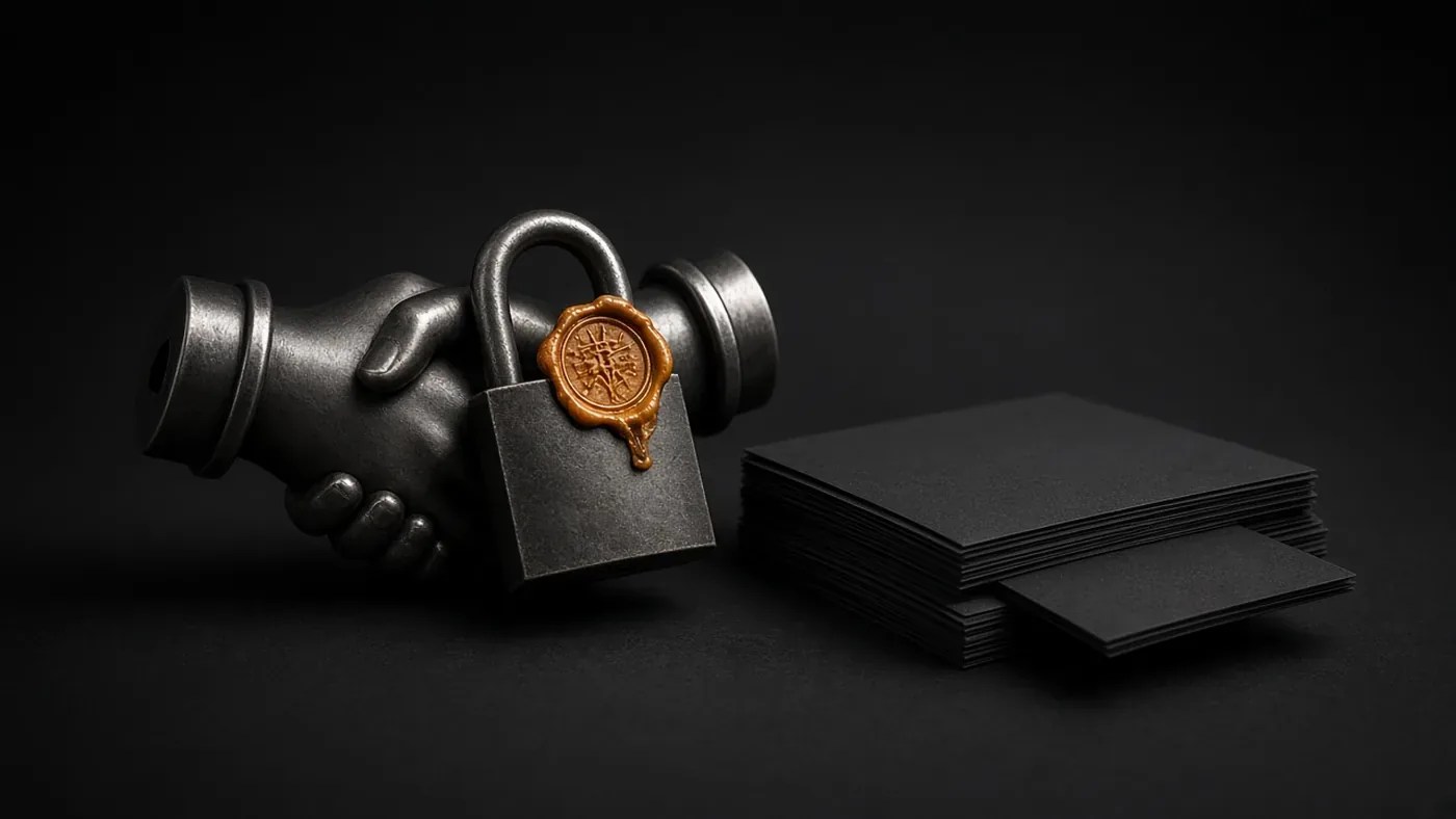 Low-key dark still-life of a brushed-metal handshake locked mid-grip by a heavy padlock with an amber wax seal, beside a stack of unmarked black billing stubs.