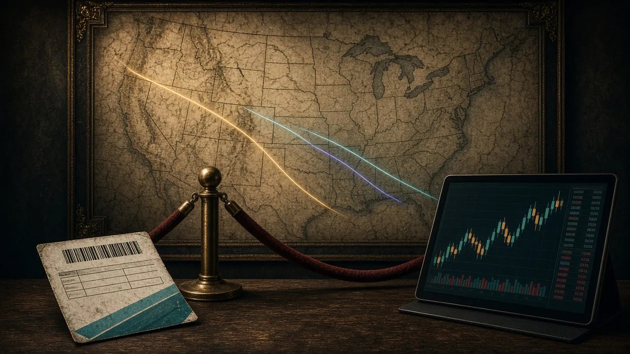 A worn U.S. map behind a brass stanchion and red velvet rope, with a betting slip on one side and a tablet showing a price chart on the other.