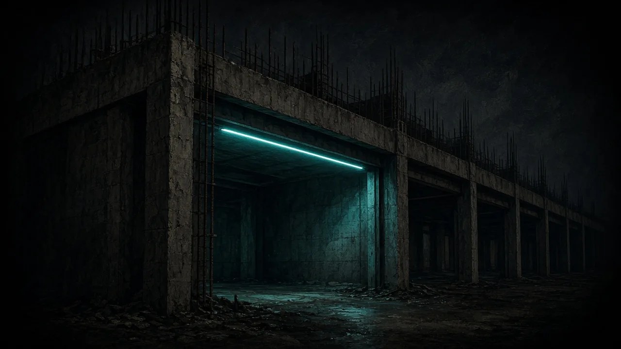 Dark painterly illustration of an unfinished concrete data-center shell at night with one teal accent light along a steel beam