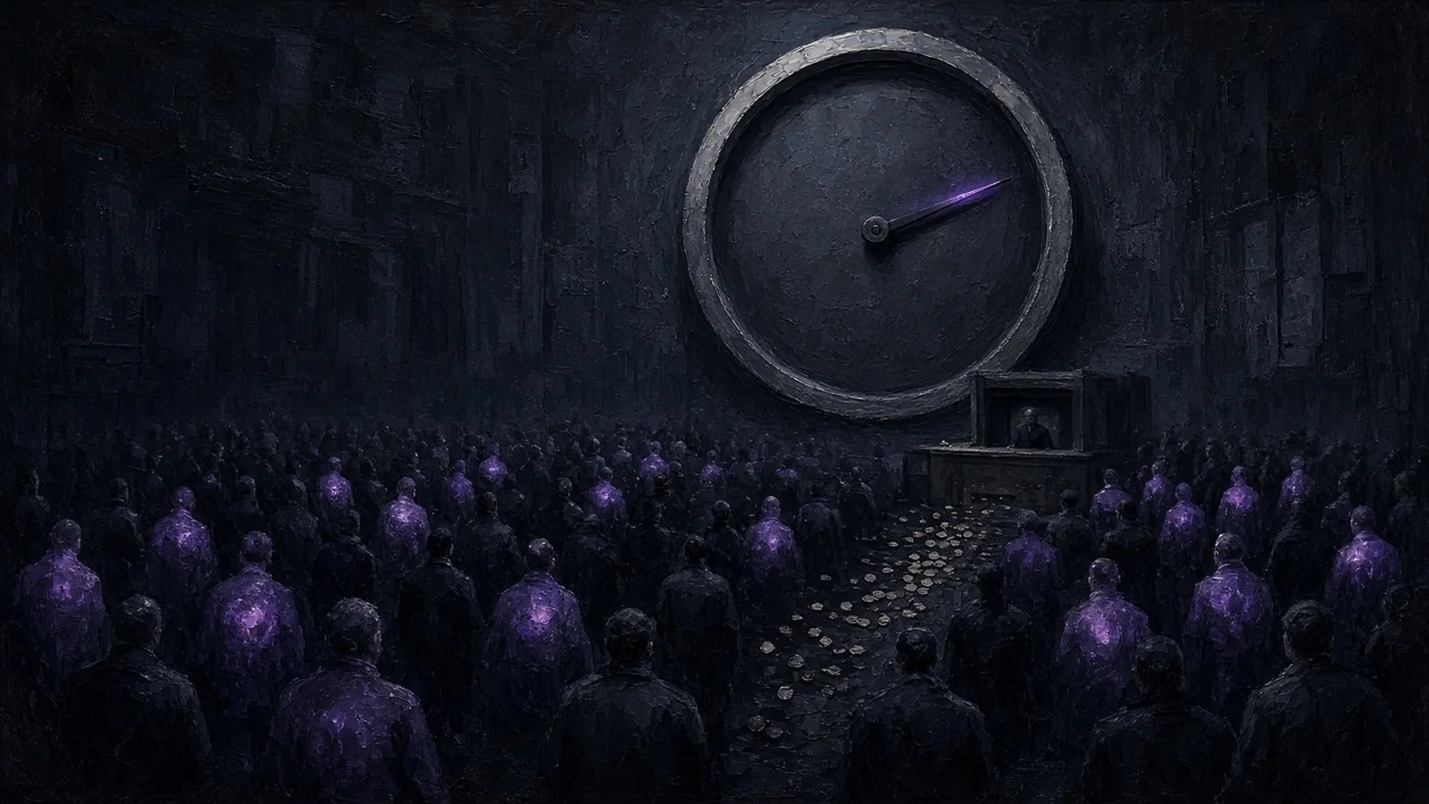 Dark painting of a crowd of dim figures facing a large price gauge, with a few figures glowing violet as the needle leans their way