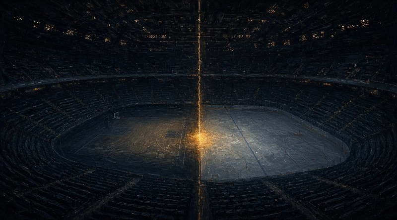 Dark painting of an empty arena split down the middle by an amber seam, a basketball court on one side and an ice rink on the other