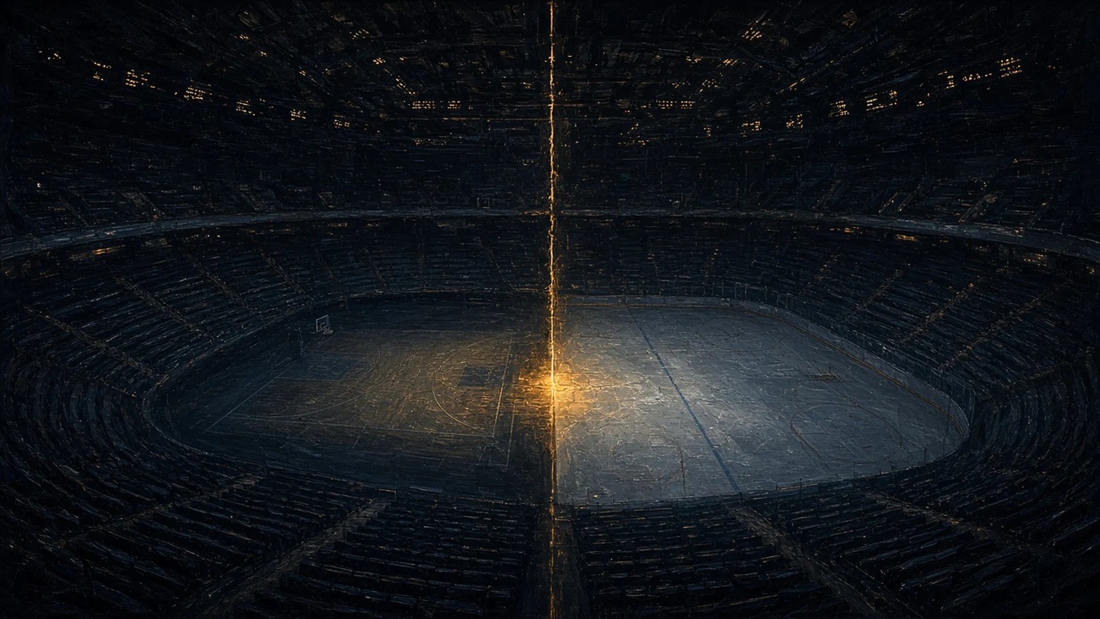 Dark painting of an empty arena split down the middle by an amber seam, a basketball court on one side and an ice rink on the other