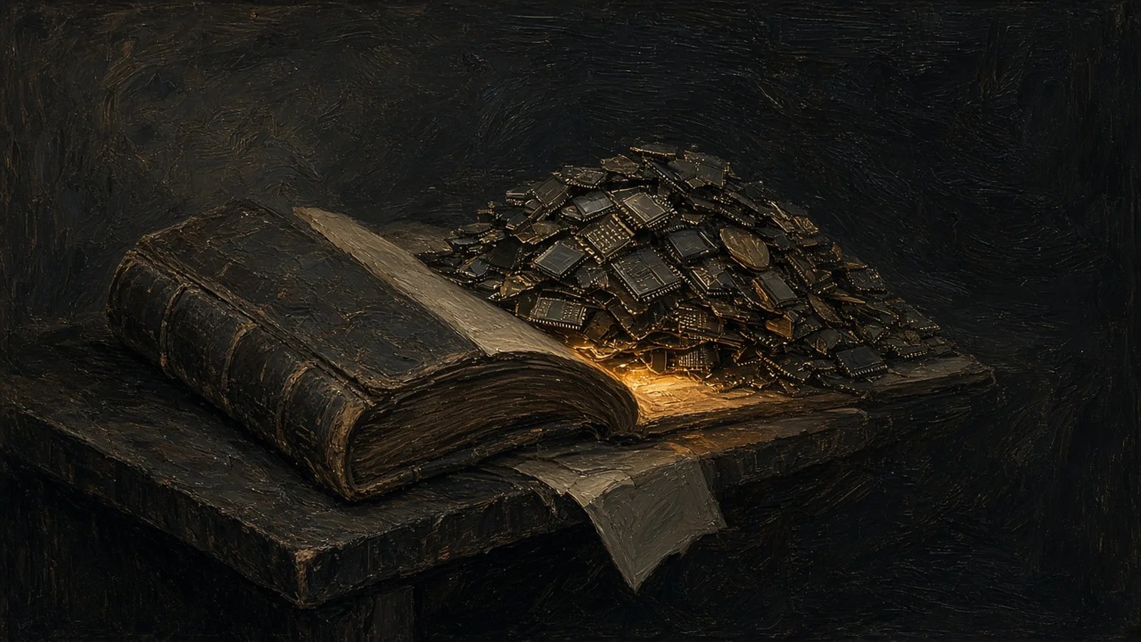 Dark painting of an old leather pension ledger on a table, its open pages buried under a heap of memory chips lit by a warm amber glow