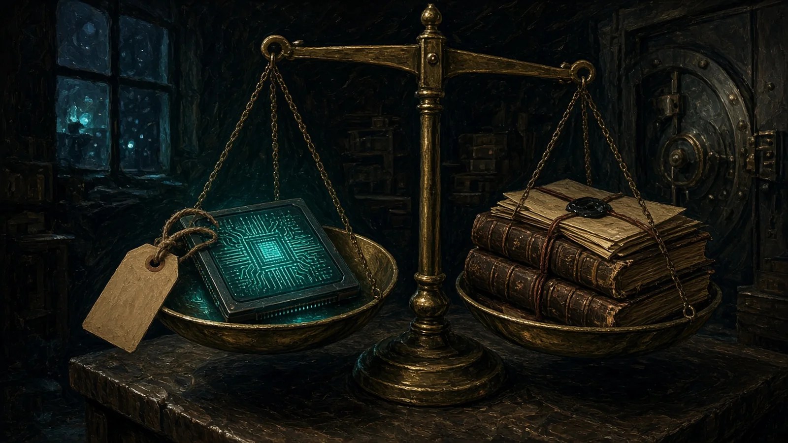 Dark painting of a graphics chip with a loan tag on one pan of a brass balance scale, ledgers on the other, in a dim vault