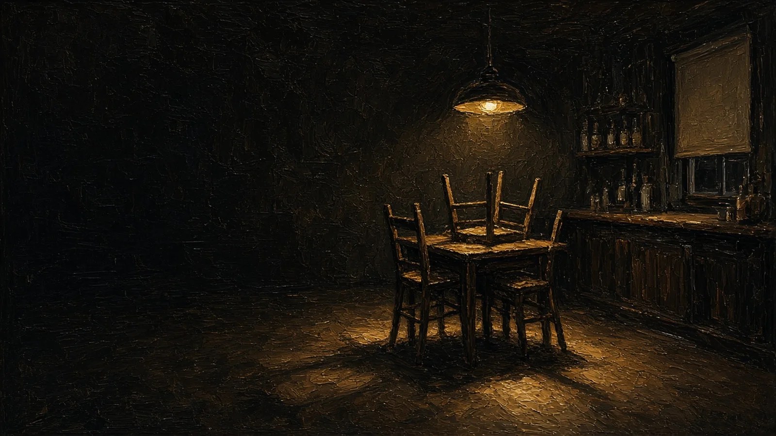 Dark painting of an empty small restaurant dining room at night, chairs stacked on a table under one amber pendant lamp
