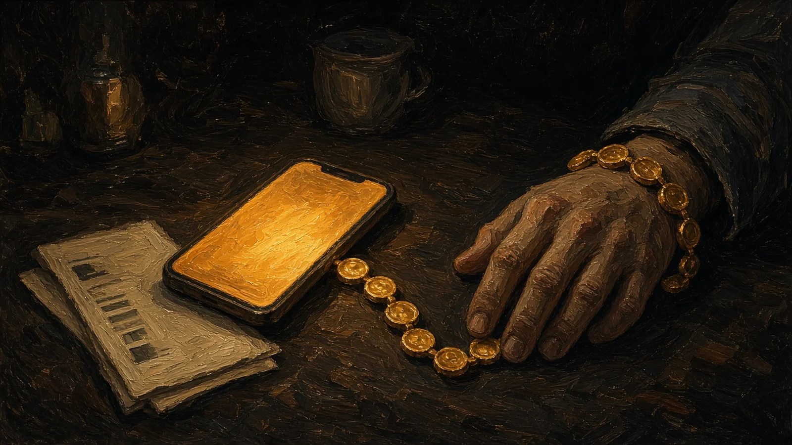 Dark painting of a smartphone glowing amber on a kitchen table, a chain of coins running from the screen to a worker's wrist