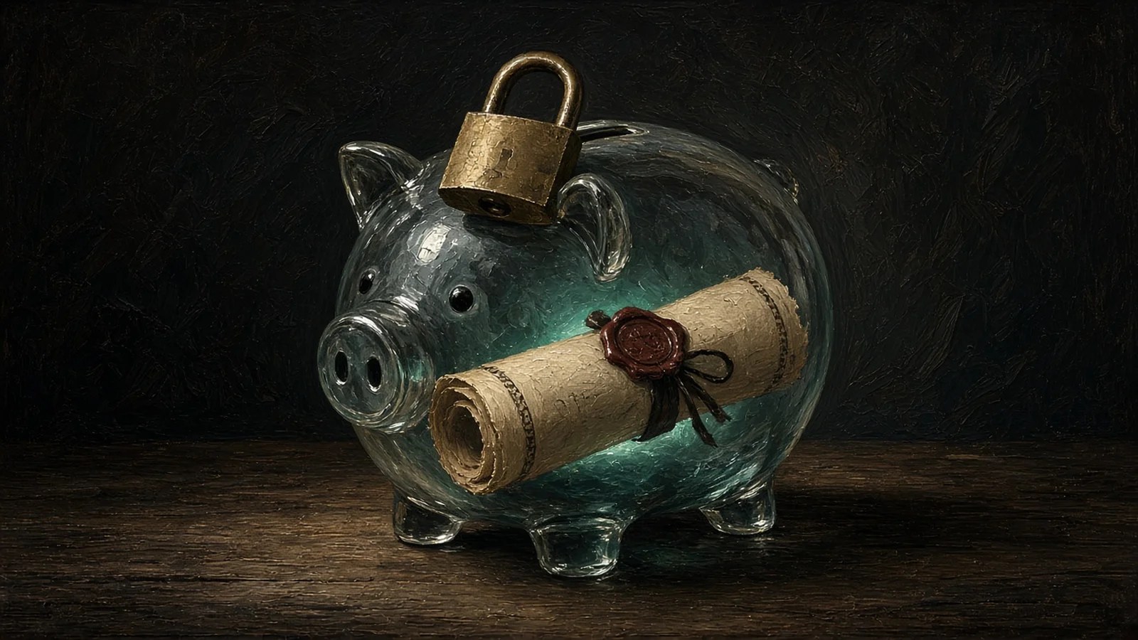 Dark painting of a glass piggy bank holding a rolled share certificate sealed with a ribbon and a brass padlock, glowing faintly teal