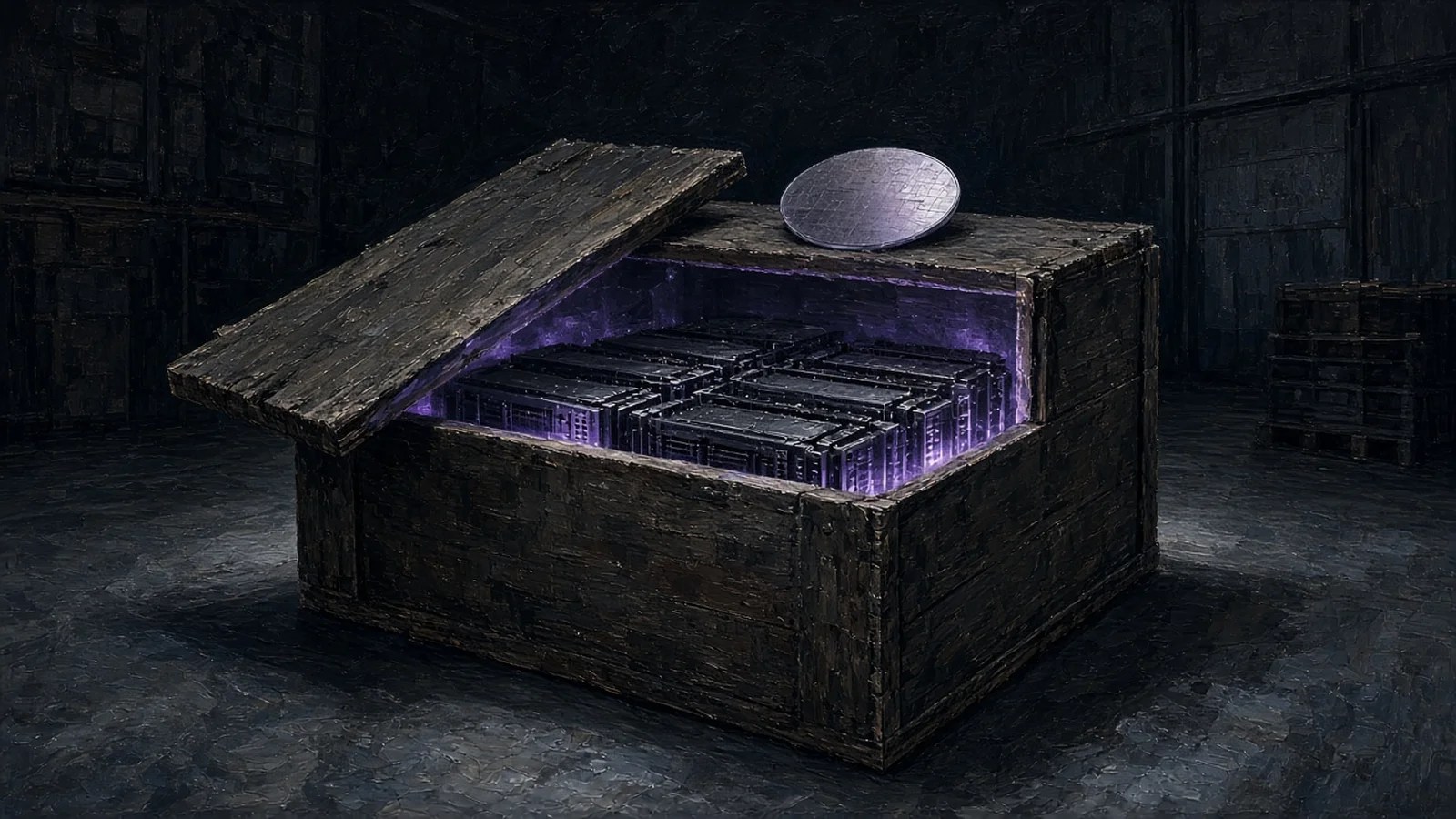 A half-open wooden shipping crate glowing violet inside, holding rows of server boards with a silicon wafer resting on top, painted in a dark editorial style.