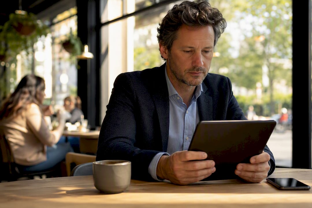 Marketer holding dark tablet in office