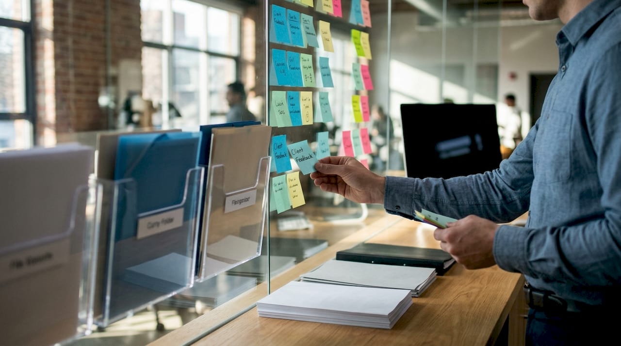 Hands arranging workflow task components