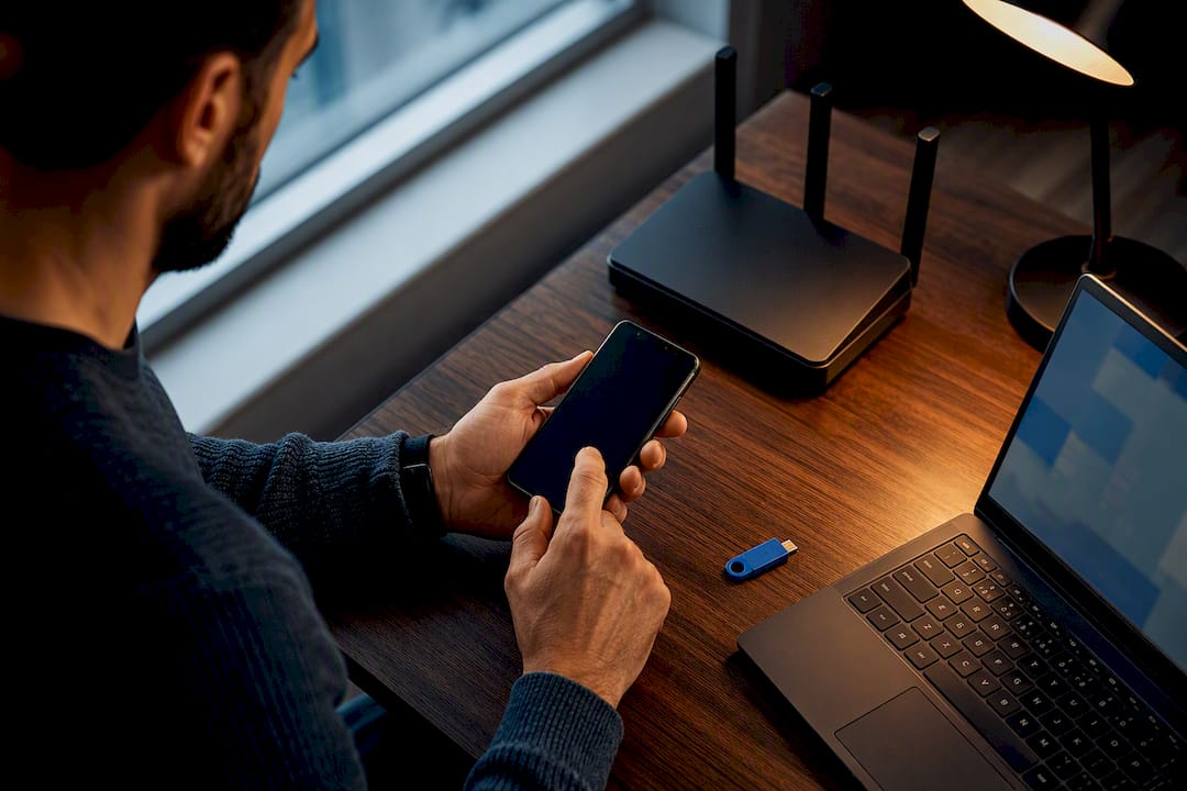 Hands configuring secure remote work technology