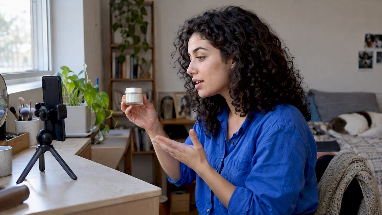 Creator filming a skincare product recommendation