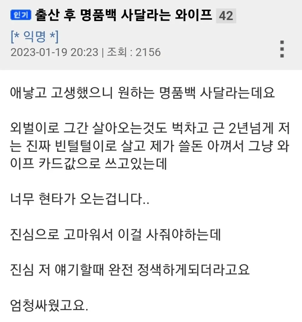 출산 후 명품백 사달라는 와이프