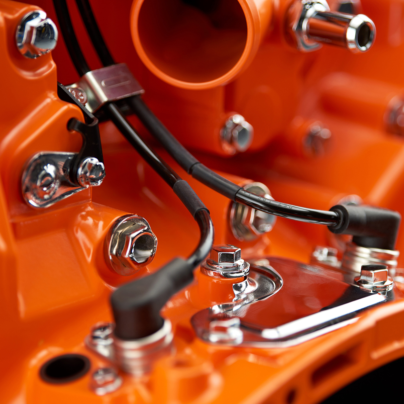 Scania orange engine with wires and parts
