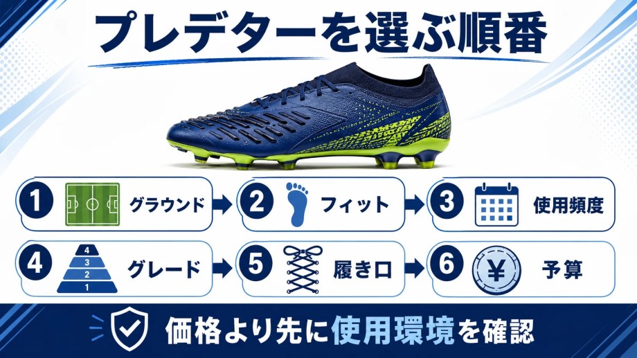 プレデターをグラウンド、フィット、使用頻度、グレード、履き口、予算の順に選ぶ図
