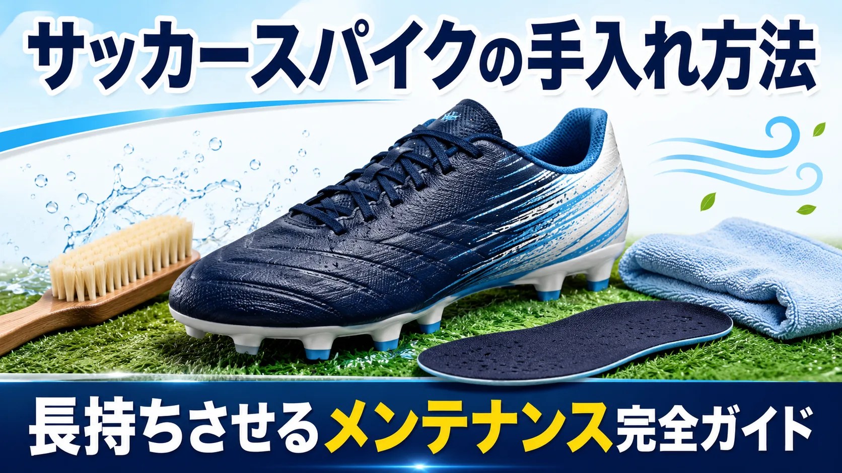 サッカースパイクの正しい手入れ方法をブラシと布と乾燥アイコンで示した画像