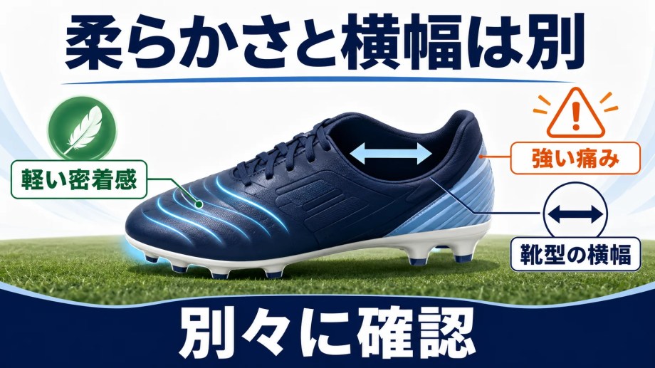 スパイク素材の柔らかさと靴型の横幅を別々に確認する図解