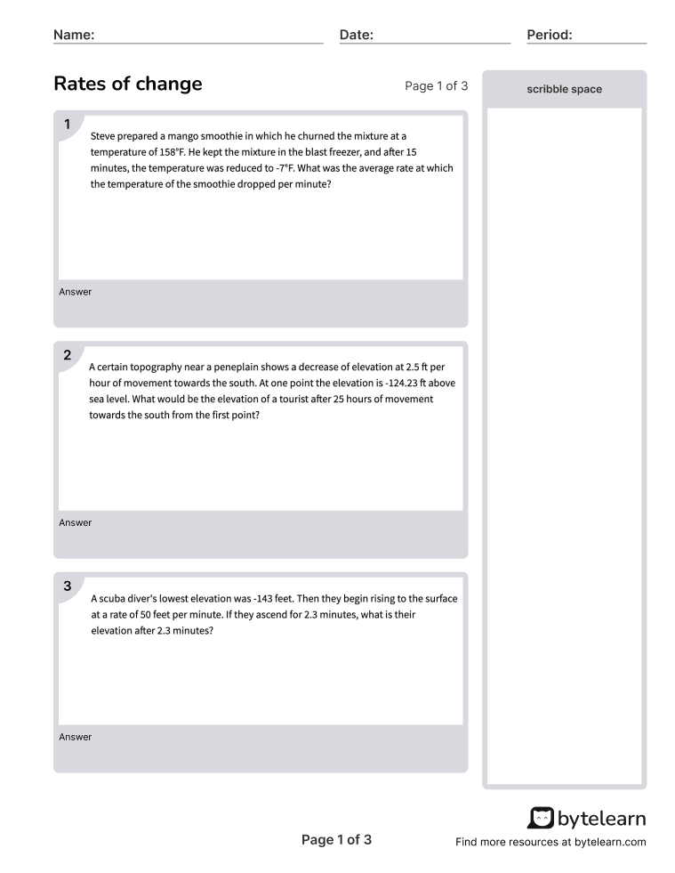 Rate of change (level 1 word problems) worksheets [pdf] (7.ns.a.1.b