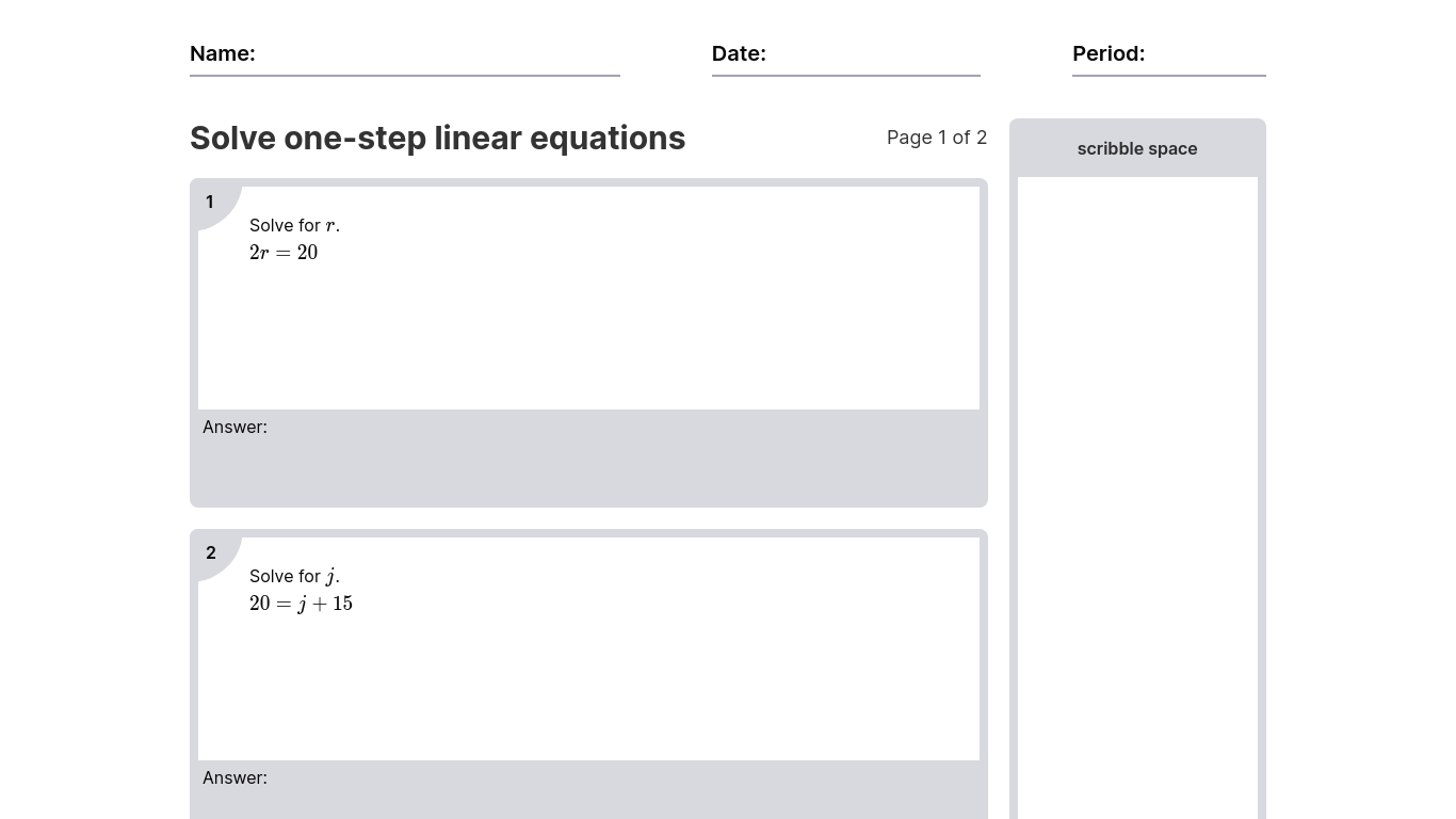 Solve one-step linear equations worksheets [pdf]: algebra 1 math